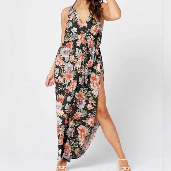NWT L*Space Forget Me Not Black Floral Kenzie Maxi Beach Coverup Dress M